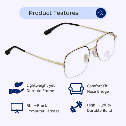 Blue-Cut Computer Glasses | Aviator | Round | Half-Rim | Gold | 72837