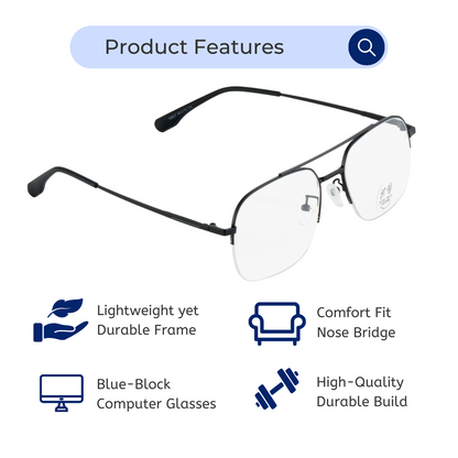 Blue-Cut Computer Glasses | Aviator | Round | Half-Rim | Black | 72837