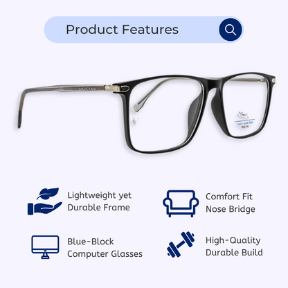 Blue-Cut Computer Glasses | Square | Rectangle | Black | 791