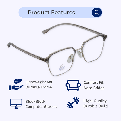Blue-Cut Computer Glasses | Square | Geometric | Rectangle | Grey | 792