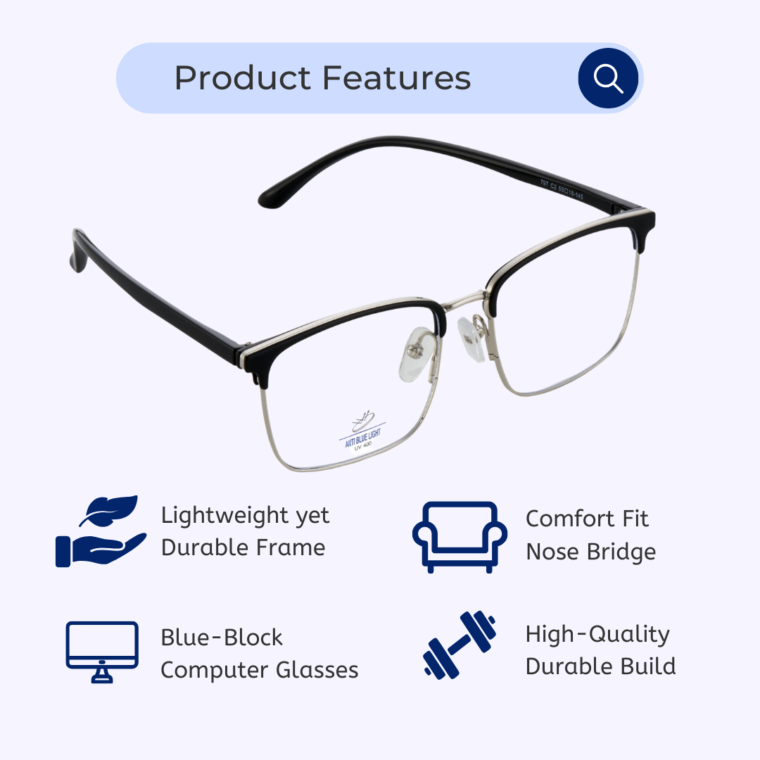 Blue-Cut Computer Glasses | Square | Rectangle | Black | 797
