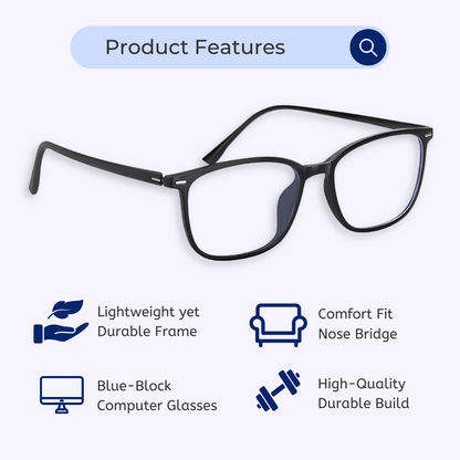 Blue-Cut Computer Glasses | Square | Rectangle | Black | 798
