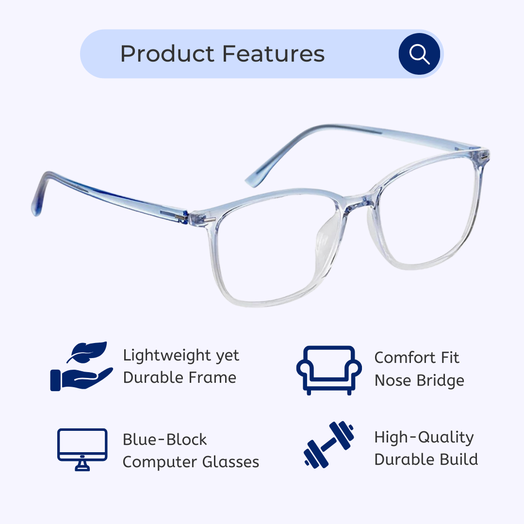 Blue-Cut Computer Glasses | Square | Rectangle | Transparent-Blue | 798