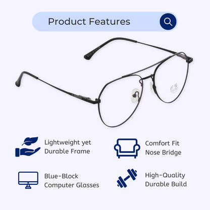 Blue-Cut Computer Glasses | Aviator | Round | Metal | Black | 80036