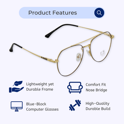 Blue-Cut Computer Glasses | Aviator | Round | Metal | Gold | 80036