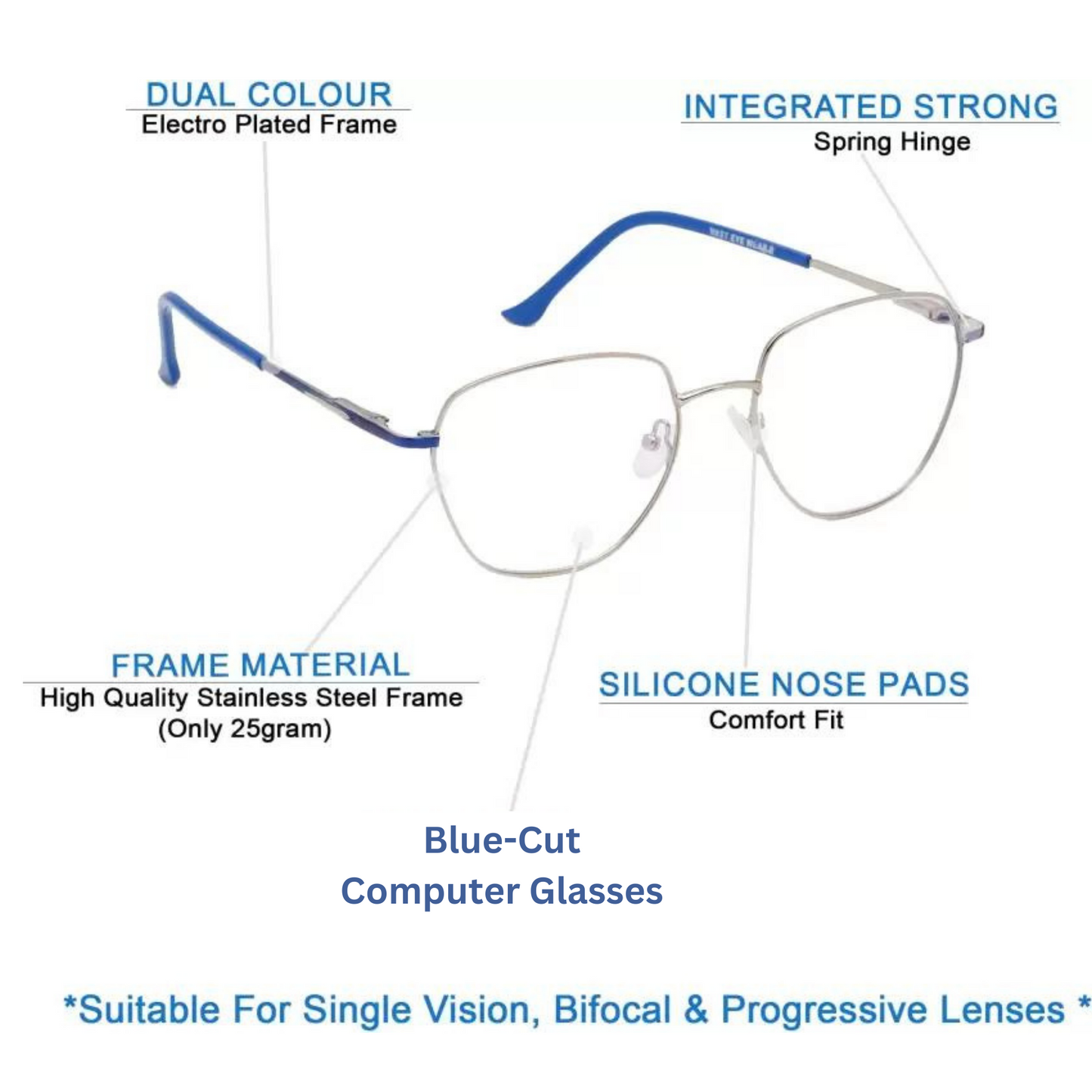 Hexagonal Geometric Metal | Blue-Cut Computer Glasses | Medium Eyewear | Gender-Neutral  (7902 Blue)