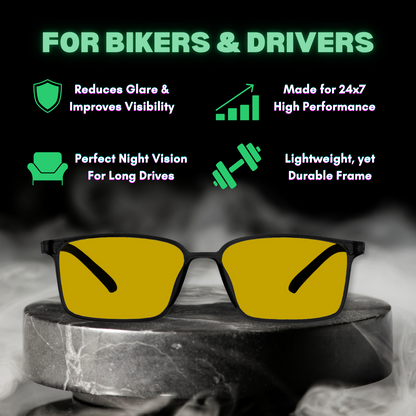 Night Vision | Driving Biking & Gaming | Blue-Cut Computer Glasses | 24 Hour Yellow Eyewear | RECTANGLE79 Black