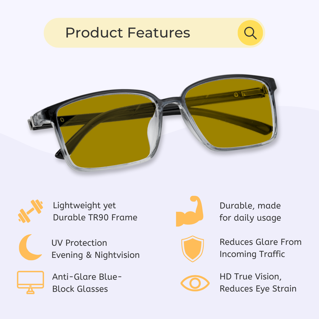 Night Vision | Driving Biking & Gaming | Blue-Cut Computer Glasses | 24 Hour Yellow Eyewear | RECTANGLE79 Two-Tone Transparent-Black