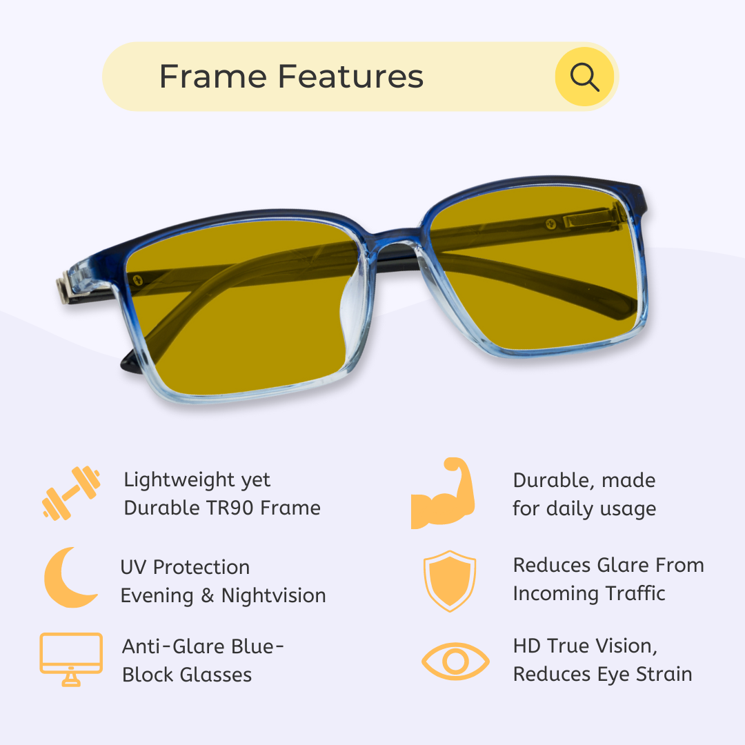 Night Vision | Driving Biking & Gaming | Blue-Cut Computer Glasses | 24 Hour Yellow Eyewear | RECTANGLE79 Two-Tone Transparent-Blue
