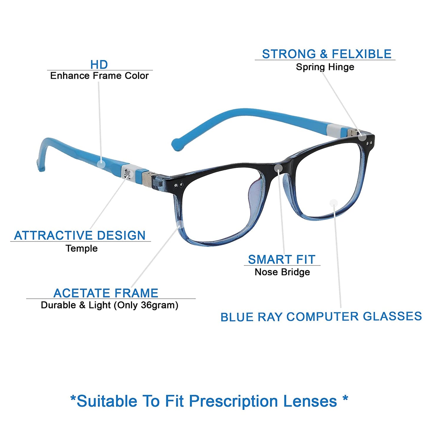 Kids Wayfarer Anti Glare Blue Ray Blocking Computer Glasses (Black Blue)