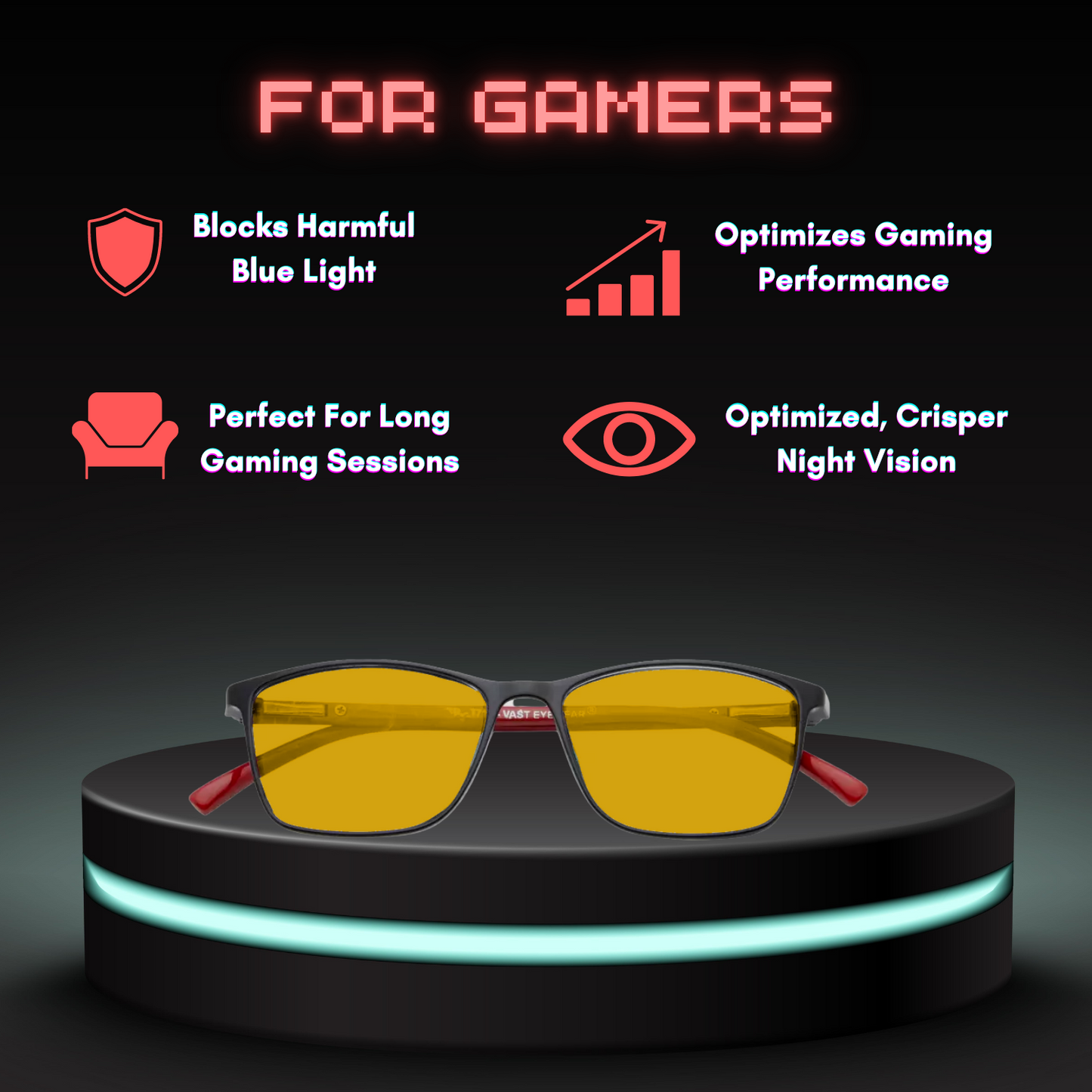 Night Vision Gaming, Biking & Driving, Blue-Block Rectangle TR90 Computer Glasses (7717 Black Red)