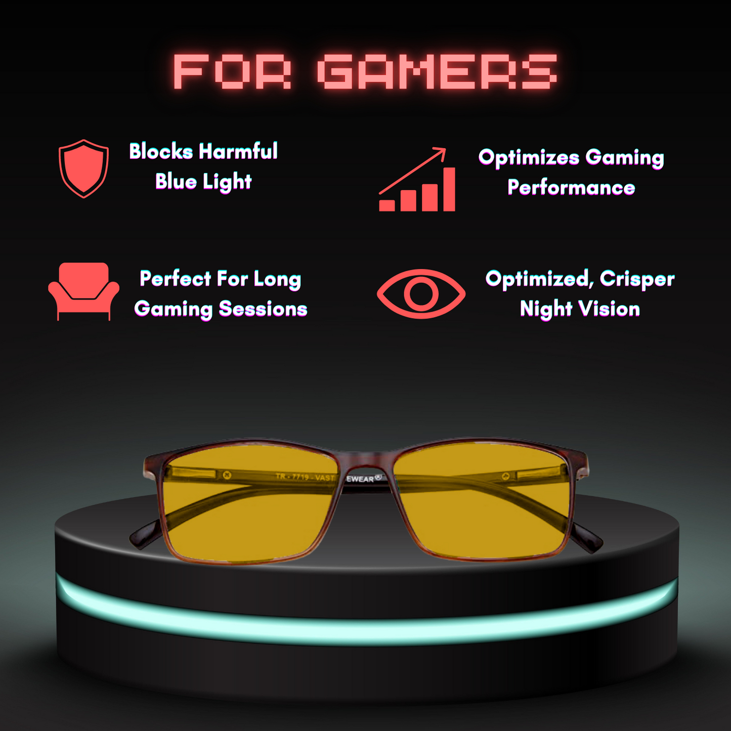 Night Vision Gaming, Biking & Driving, Blue-Block Rectangle TR90 Computer Glasses (7719 Brown)