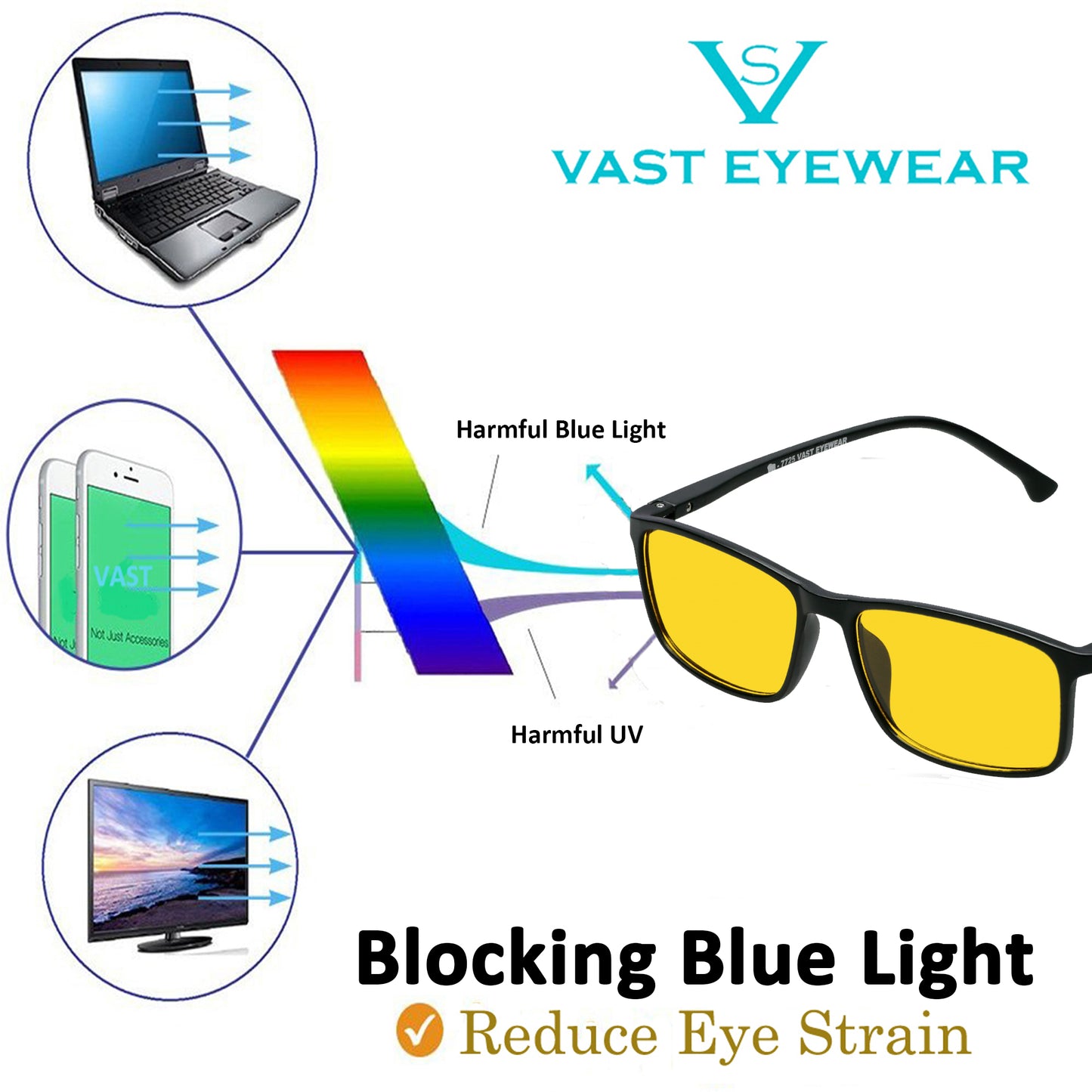 Night Vision Driving and Biking Blue-Block Rectangle Computer and Gaming Glasses (9995 Black)