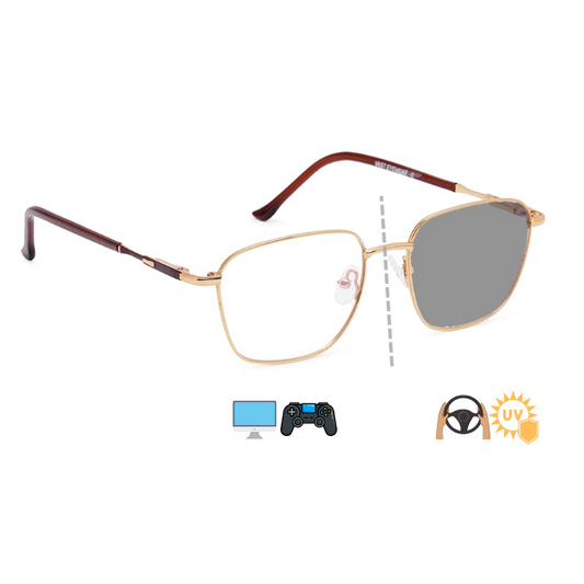 Photochromic Day & Night Computer & Gaming Glasses + Sunglasses Genderless Geometric Metal Eyewear (7901 Gold Brown)