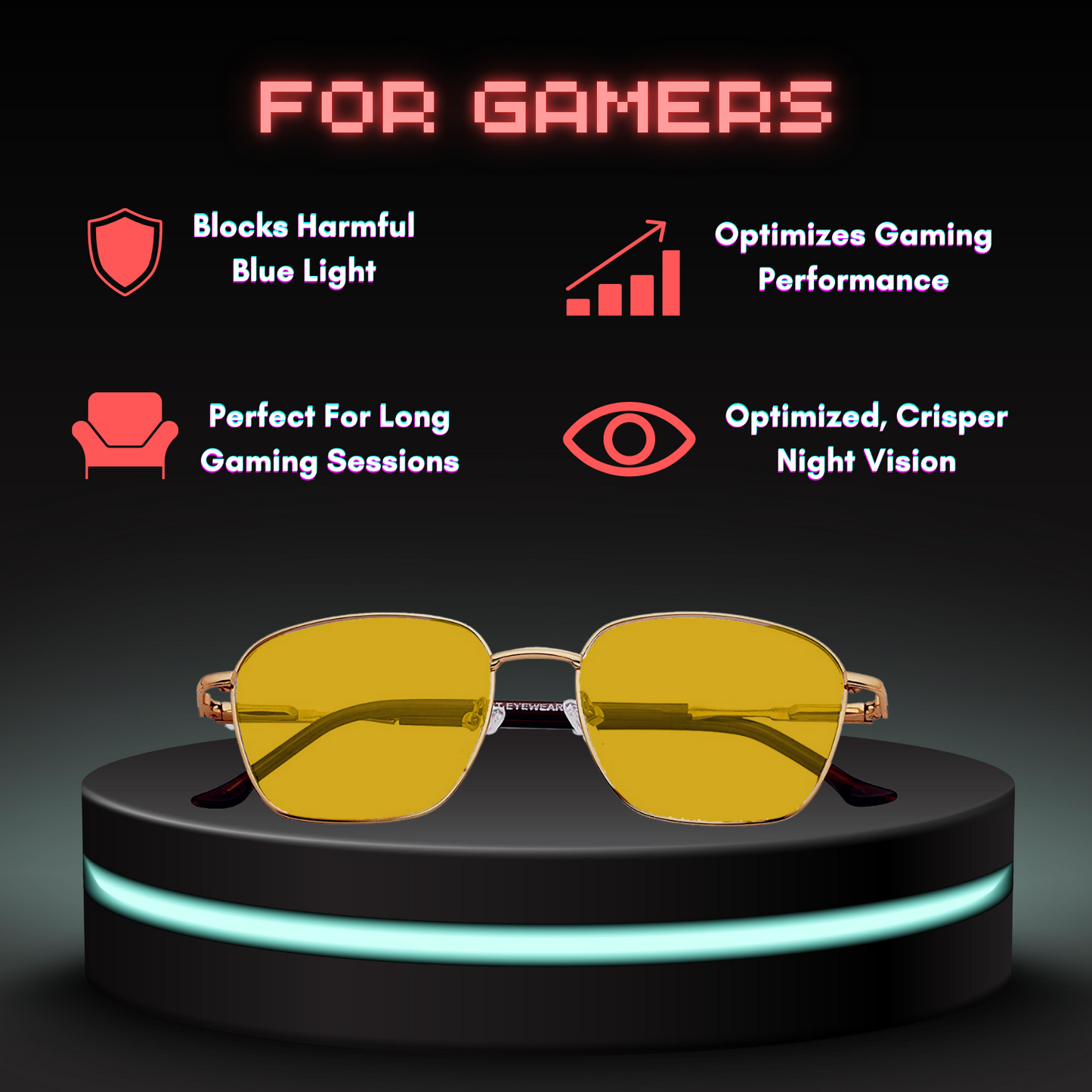 Night Vision Gaming, Biking & Driving, Blue-Block Rectangle Metal Retro Geometric Computer Glasses (7901 Gold Brown)