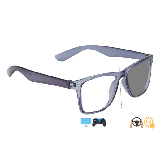 Photochromic Day & Night Computer Gaming Glasses + Sunglasses Unisex Wayfarer Eyewear (7979 Transparent Grey)