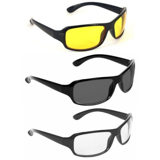 Day & Night Vision + Black Sunglasses + Clear Goggles Wraparound Combo for Night driving, Sports, Biking