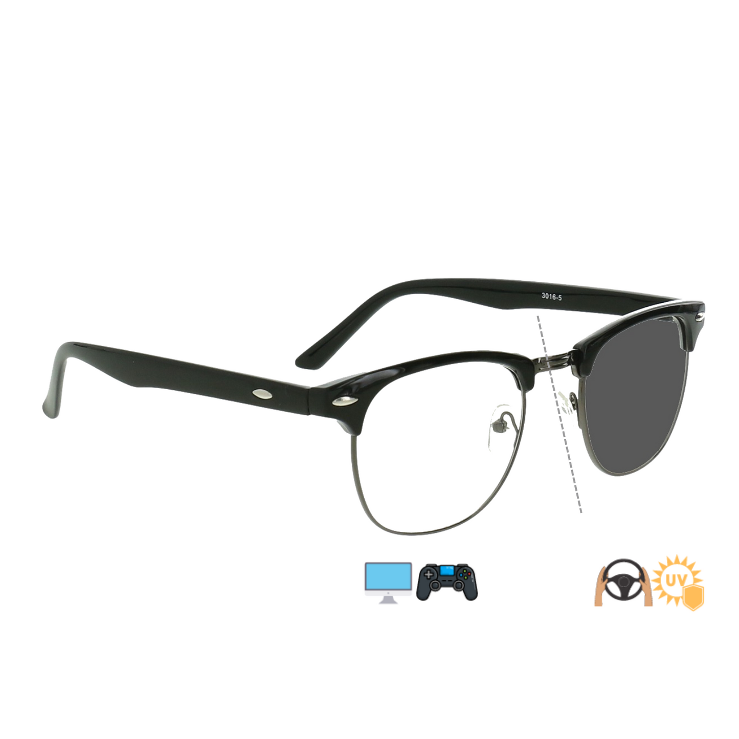 Photochromic Day & Night Computer Gaming Glasses + Sunglasses Clubmaster Wayfarer Unisex Eyewear (CM Gun)