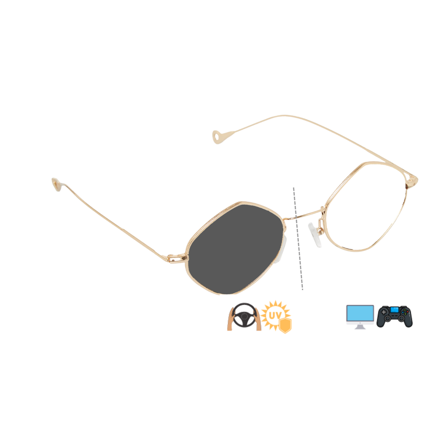 Photochromic Day & Night Computer Gaming Glasses + Sunglasses Geometric Hexagon Metal Unisex Eyewear (HEX Gold)