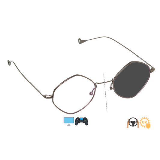 Photochromic Day & Night Computer Gaming Glasses + Sunglasses Geometric Hexagon Metal Unisex Eyewear (HEX Gun)